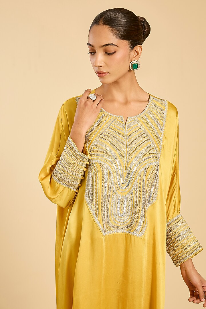 Mustard Striped Tissue Hand Embroidered Kaftan Set by Simar Dugal at Pernia's Pop Up Shop
