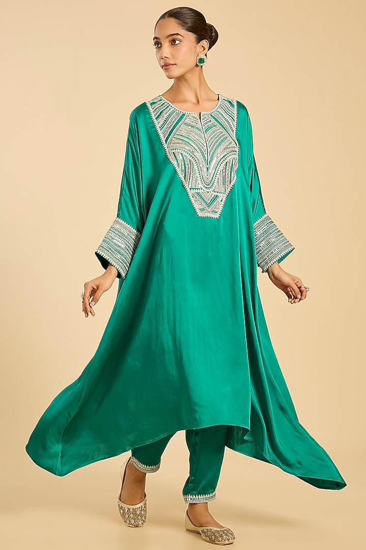 Green Striped Tissue Hand Embroidered Kaftan Set by Simar Dugal at Pernia's Pop Up Shop