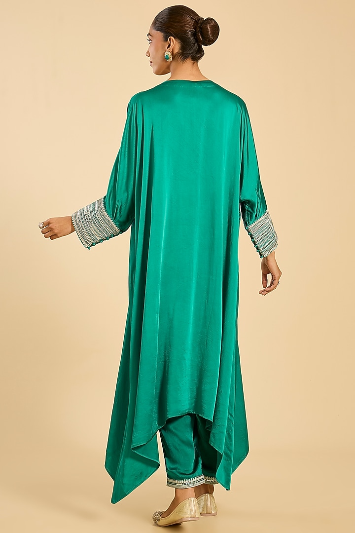 Green Striped Tissue Hand Embroidered Kaftan Set by Simar Dugal at Pernia's Pop Up Shop