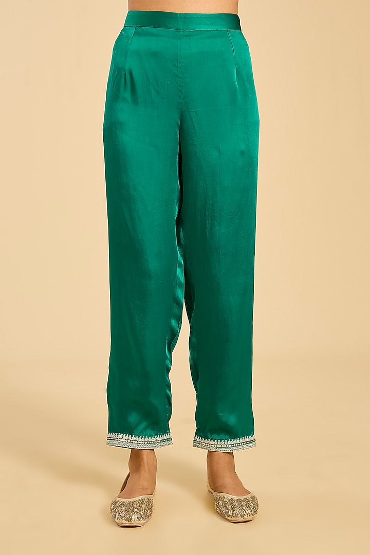 Green Striped Tissue Hand Embroidered Kaftan Set by Simar Dugal at Pernia's Pop Up Shop