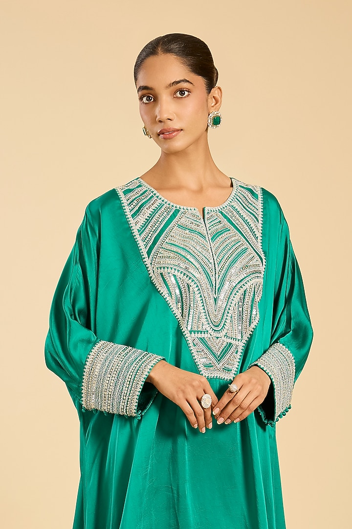 Green Striped Tissue Hand Embroidered Kaftan Set by Simar Dugal at Pernia's Pop Up Shop