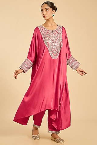 Red Striped Tissue Hand Embroidered Kaftan Set by Simar Dugal