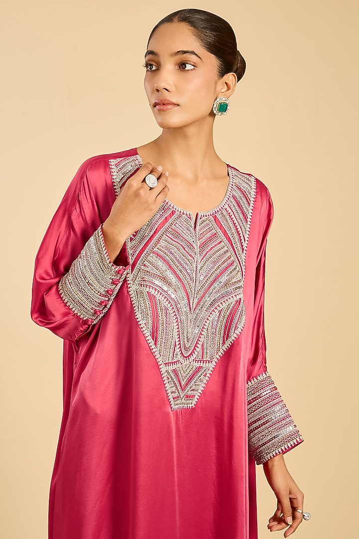 Red Striped Tissue Hand Embroidered Kaftan Set by Simar Dugal at Pernia's Pop Up Shop