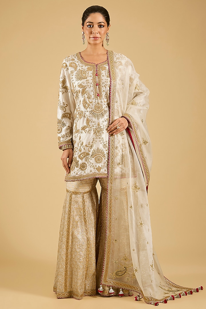 Ivory Banarasi Embroidered Bridal Sharara Set by Simar Dugal at Pernia's Pop Up Shop