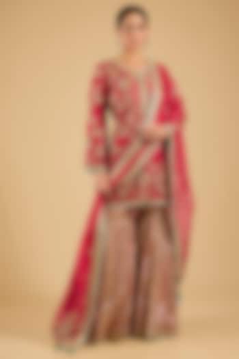 Red Banarasi Embroidered Bridal Sharara Set by Simar Dugal at Pernia's Pop Up Shop