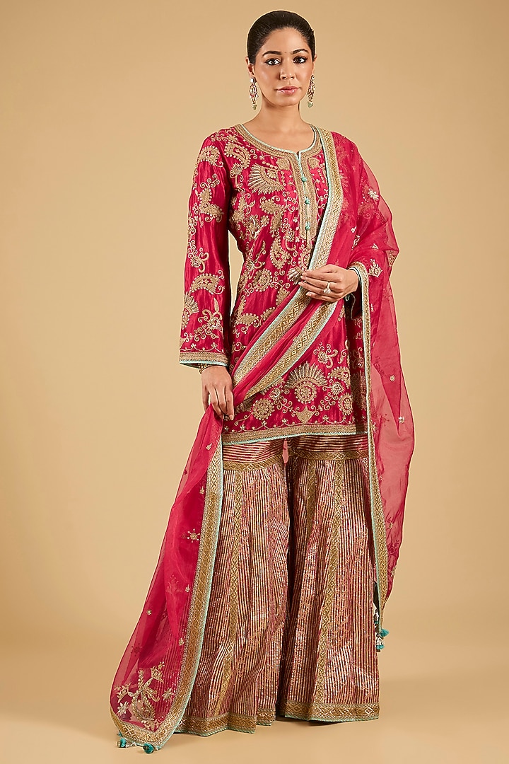 Red Banarasi Embroidered Bridal Sharara Set by Simar Dugal at Pernia's Pop Up Shop