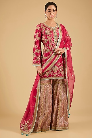 Red Banarasi Embroidered Sharara Set by Simar Dugal