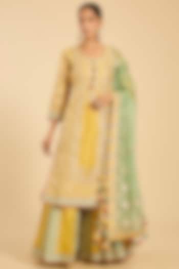 Yellow & Green Chanderi Paneled Wedding Sharara Set by Simar Dugal at Pernia's Pop Up Shop