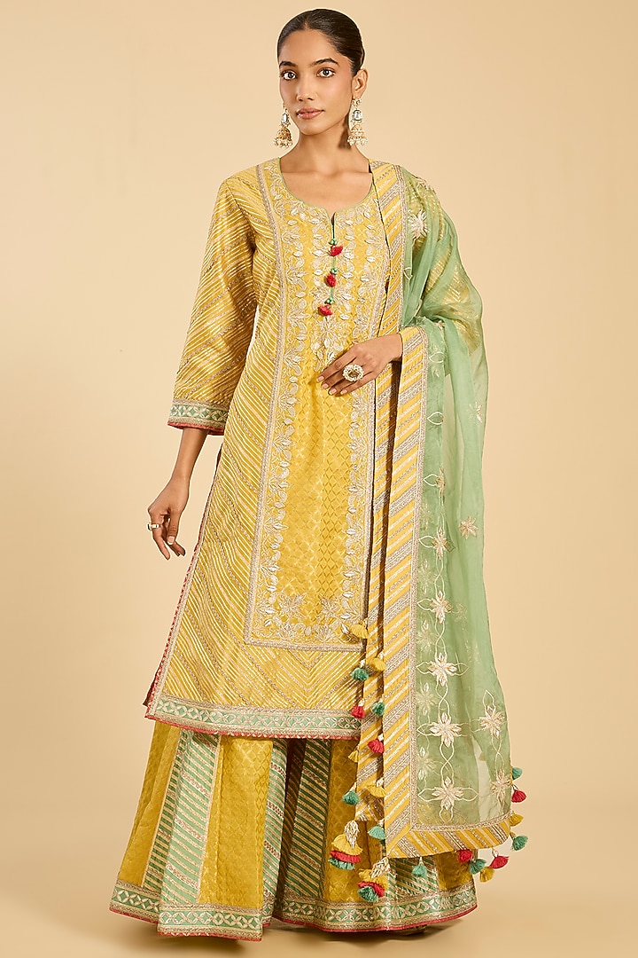 Yellow & Green Chanderi Paneled Wedding Sharara Set by Simar Dugal at Pernia's Pop Up Shop