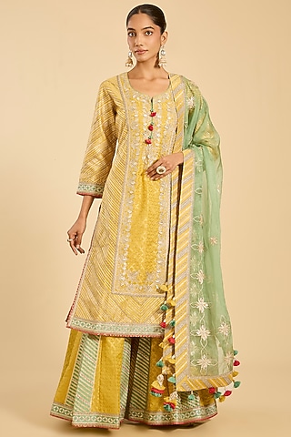 Yellow & Green Chanderi Paneled Sharara Set by Simar Dugal