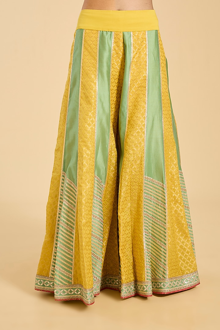 Yellow & Green Chanderi Paneled Wedding Sharara Set by Simar Dugal at Pernia's Pop Up Shop