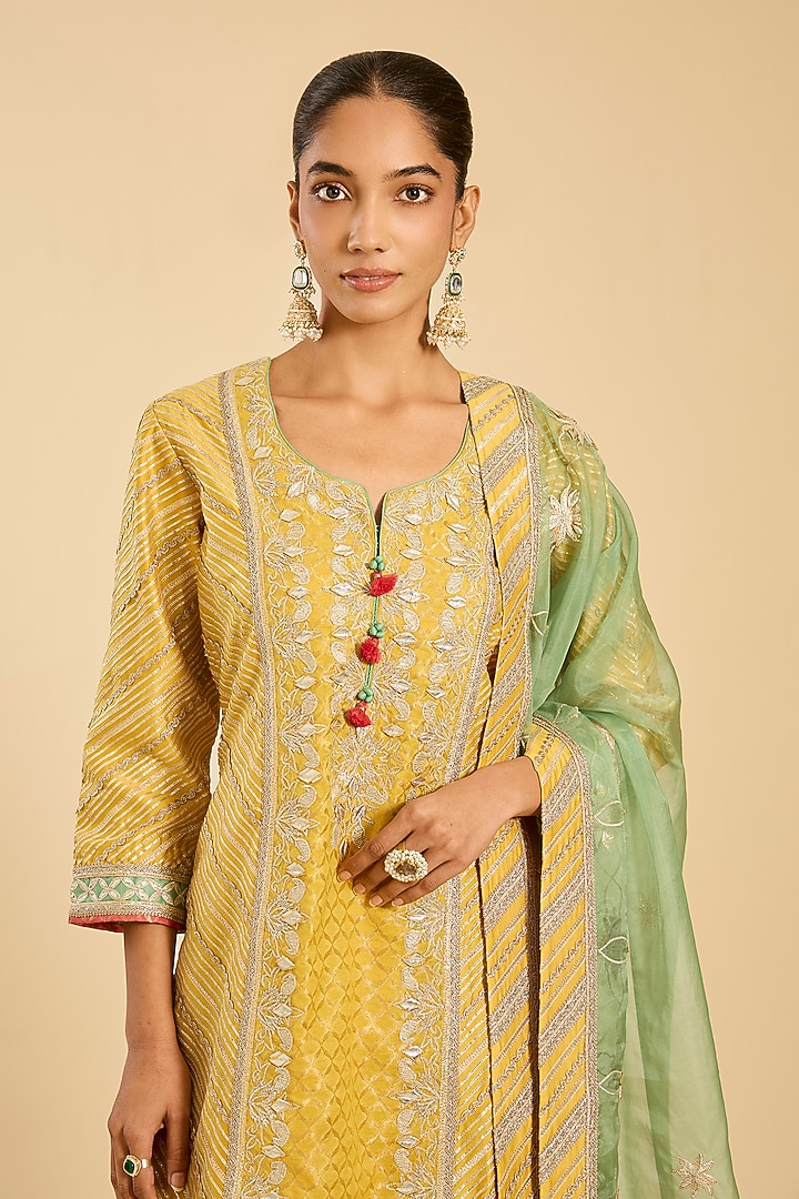 Yellow & Green Chanderi Paneled Wedding Sharara Set by Simar Dugal at Pernia's Pop Up Shop