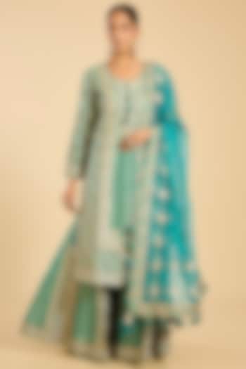 Green Chanderi Paneled Wedding Sharara Set by Simar Dugal at Pernia's Pop Up Shop