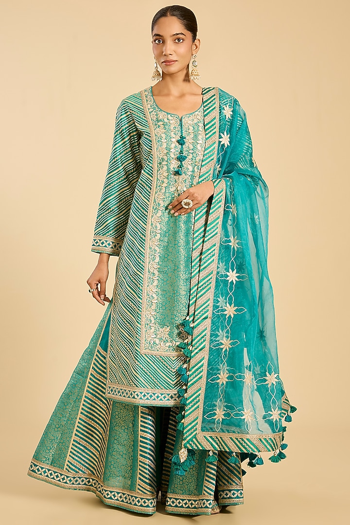Green Chanderi Paneled Wedding Sharara Set by Simar Dugal at Pernia's Pop Up Shop