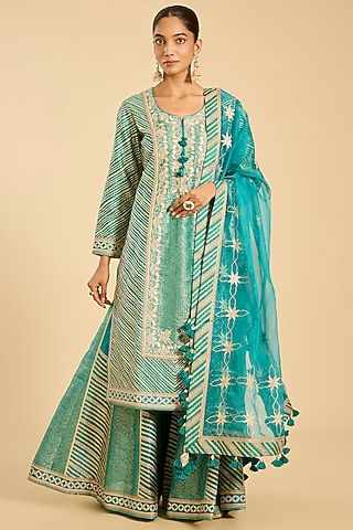 Green Chanderi Paneled Sharara Set by Simar Dugal