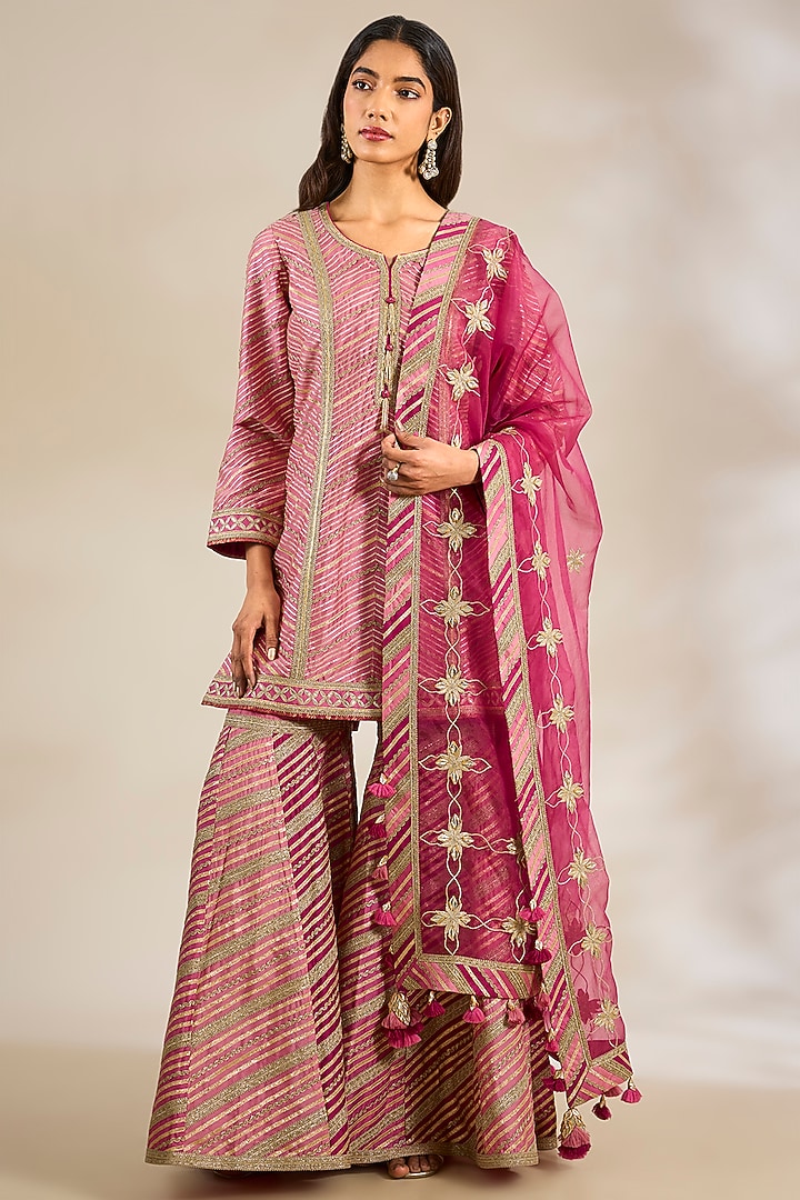Pink Chanderi Embroidered Wedding Sharara Set by Simar Dugal at Pernia's Pop Up Shop