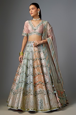 Pink & Peach Banarasi Gota Embroidered Lehenga Set by Simar Dugal