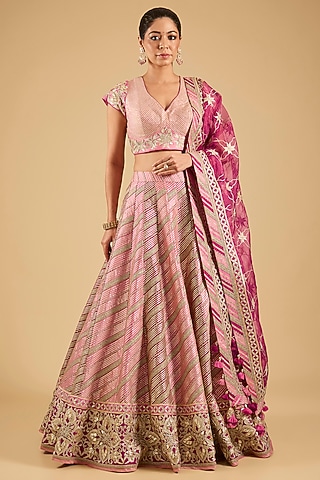 Pink Chanderi Gota Embroidered Lehenga Set by Simar Dugal