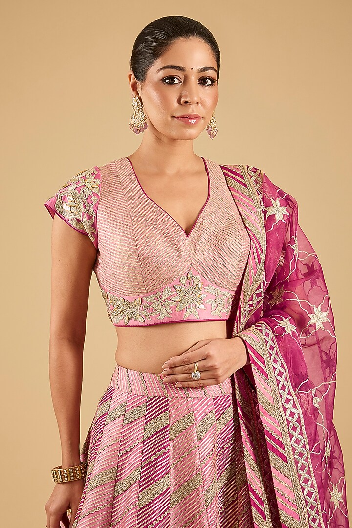 Pink Chanderi Gota Embroidered Bridal Lehenga Set by Simar Dugal at Pernia's Pop Up Shop