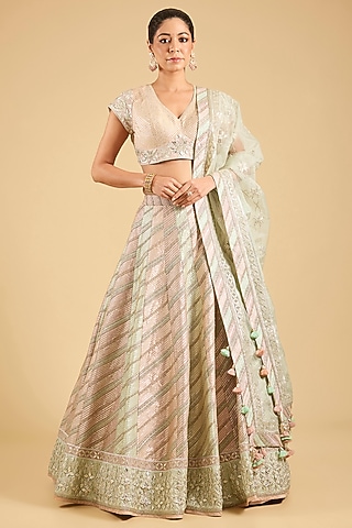 Pastel Multi-Colored Chanderi Gota Embroidered Lehenga Set by Simar Dugal