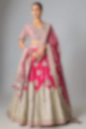 Rani Pink Banarasi & Organza Embroidered Bridal Lehenga Set by Simar Dugal at Pernia's Pop Up Shop