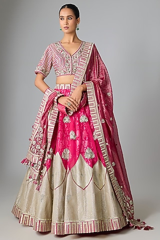 Rani Pink Banarasi & Organza Embroidered Lehenga Set by Simar Dugal