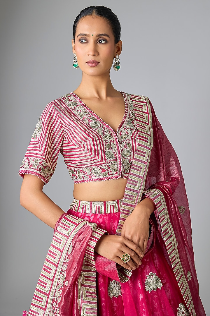 Rani Pink Banarasi & Organza Embroidered Bridal Lehenga Set by Simar Dugal at Pernia's Pop Up Shop