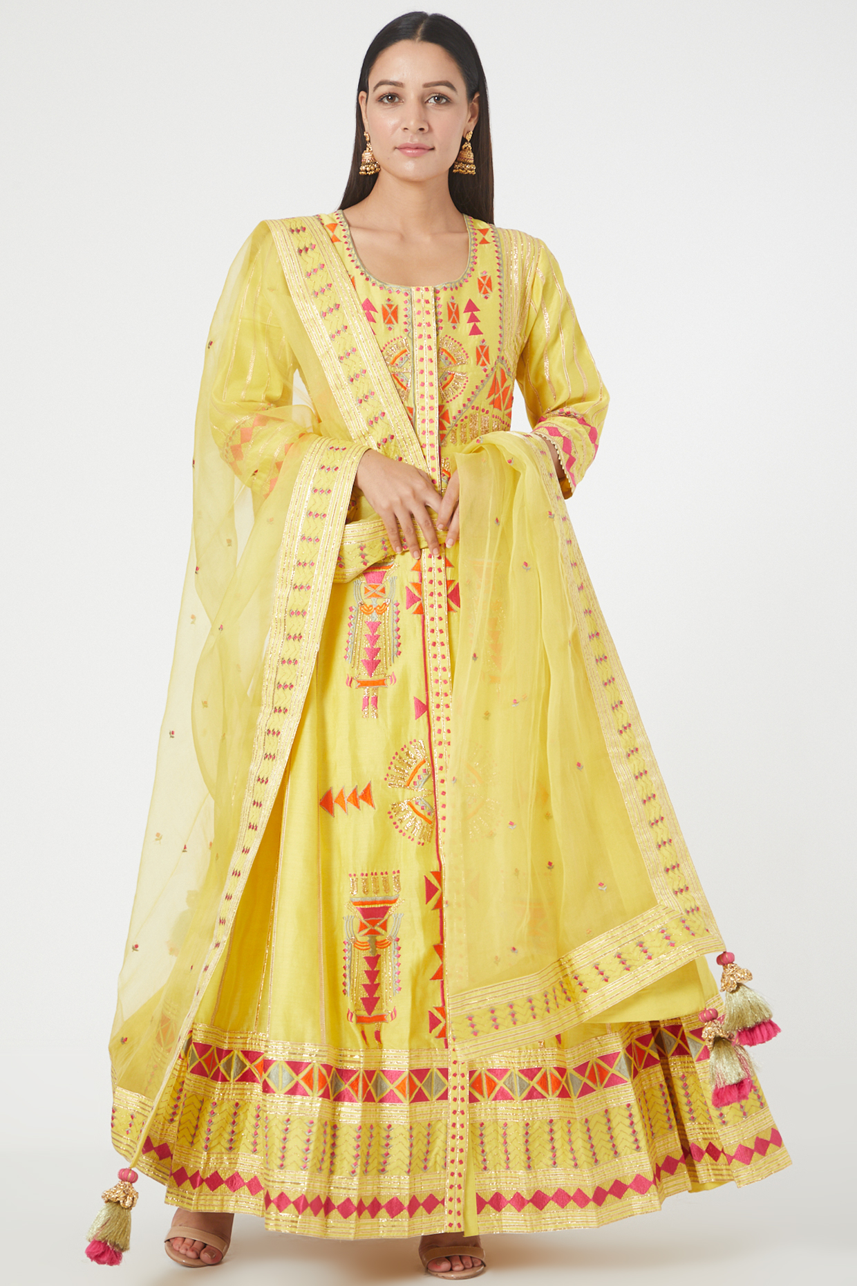 Yellow Embroidered Front-Open Kalidar Wedding Anarkali Set by Simar Dugal at Pernia's Pop Up Shop