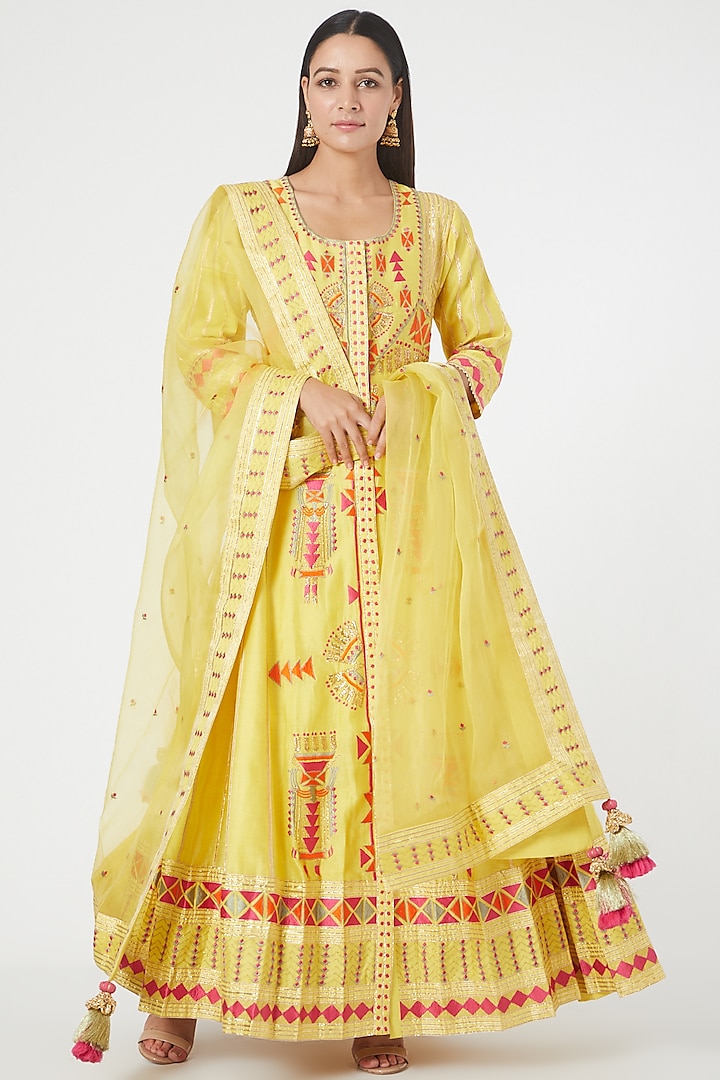 Yellow Embroidered Front-Open Kalidar Anarkali Set by Simar Dugal