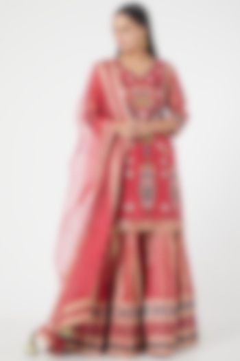 Reddish Pink Embroidered Panelled Sharara Set by Simar Dugal
