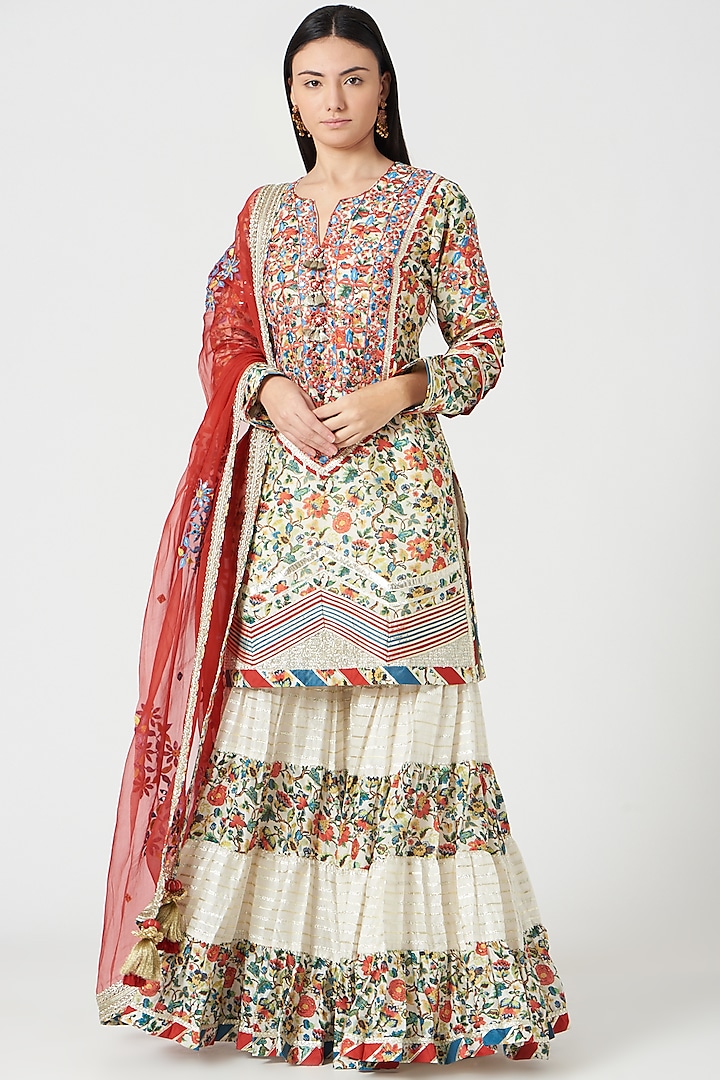 Ivory Printed Sharara Set by Simar Dugal