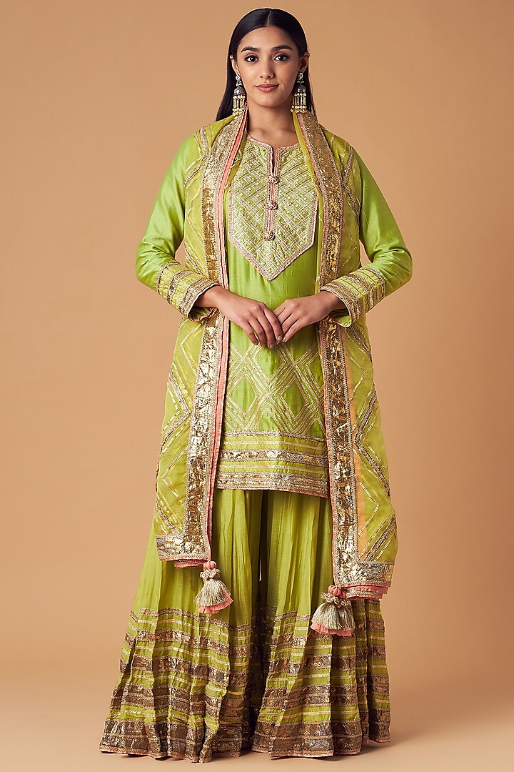 Green Silk Sharara Set by Simar Dugal at Pernia's Pop Up Shop