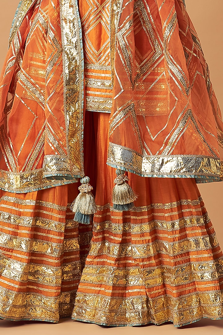 Orange Simar Silk Plazo With Top & Dupatta For Indian & Pakistani Wedding Festival - Mirror Thread & Sequence Work main image 1