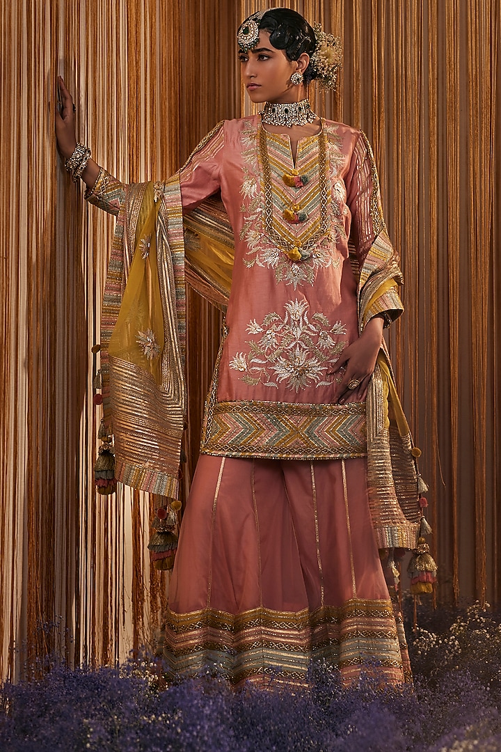 Peachish-Pink Embellished Sharara Set by Simar Dugal