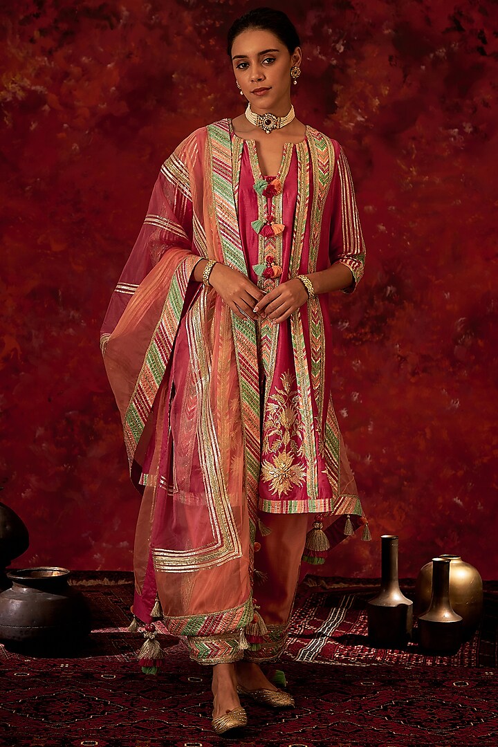 Onion Pink Embroidered A-Line Kurta Set by Simar Dugal