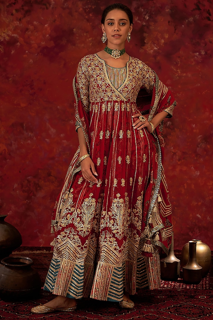 Red Embroidered Anarkali Set by Simar Dugal