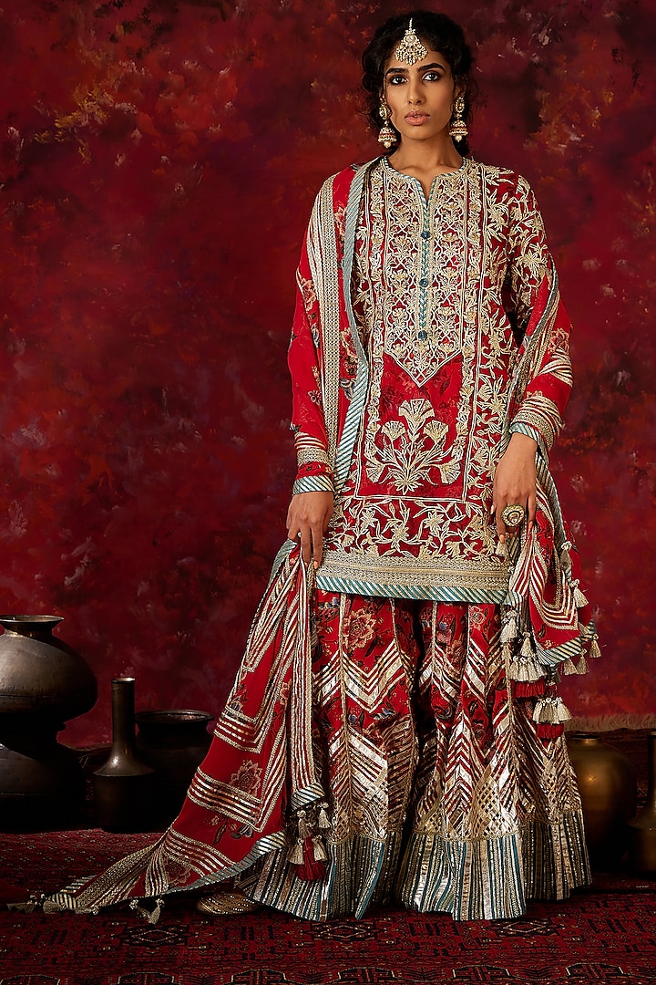 Red Sharara Set With Embellishments by Simar Dugal at Pernia's Pop Up Shop