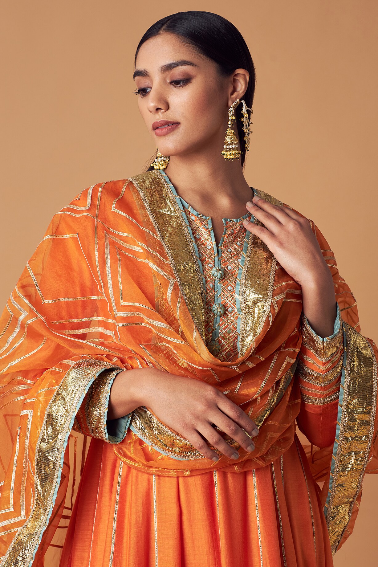 Orange Silk Sharara Set With Cut Dana and Sequins Work and Organza Dupatta main image 1