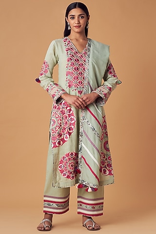 Sea Green Linen A-Line Kurta Set by Simar Dugal