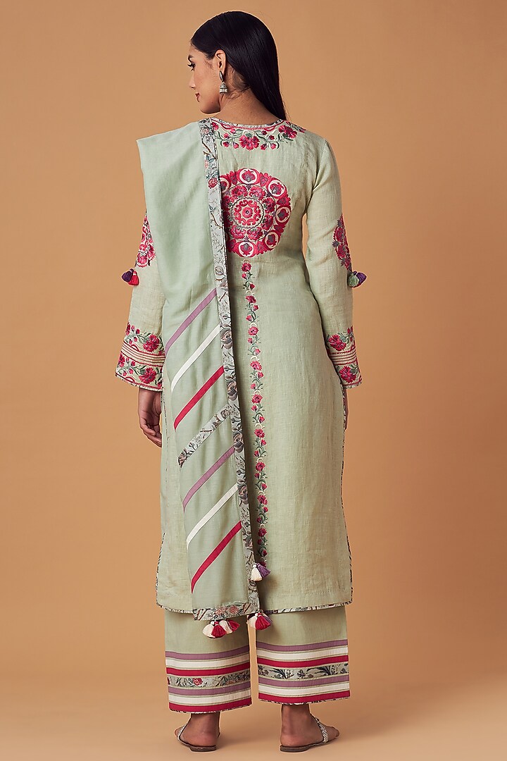 Sea Green Linen A-Line Kurta Set by Simar Dugal at Pernia's Pop Up Shop