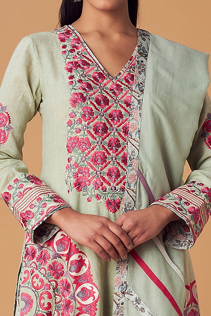Sea Green Linen A-Line Kurta Set by Simar Dugal at Pernia's Pop Up Shop
