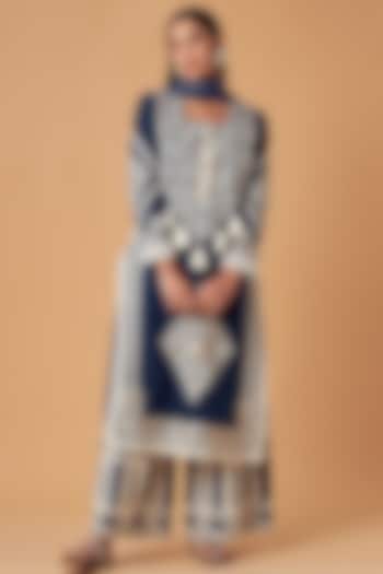 Navy Blue Embroidered A-Line Kurta Set by Simar Dugal