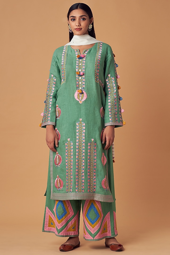 Forest Green Embroidered A-Line Kurta Set by Simar Dugal
