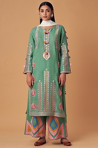 Forest Green Embroidered A-Line Kurta Set by Simar Dugal
