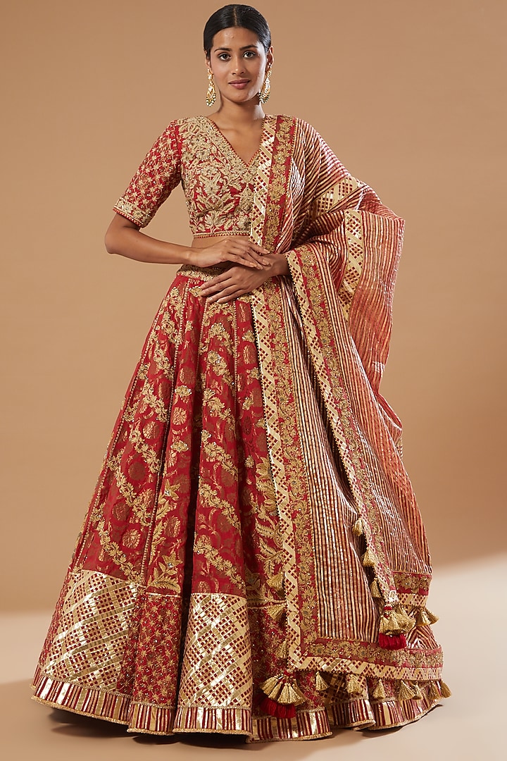 Red Hand Embroidered Lehenga Set by Simar Dugal