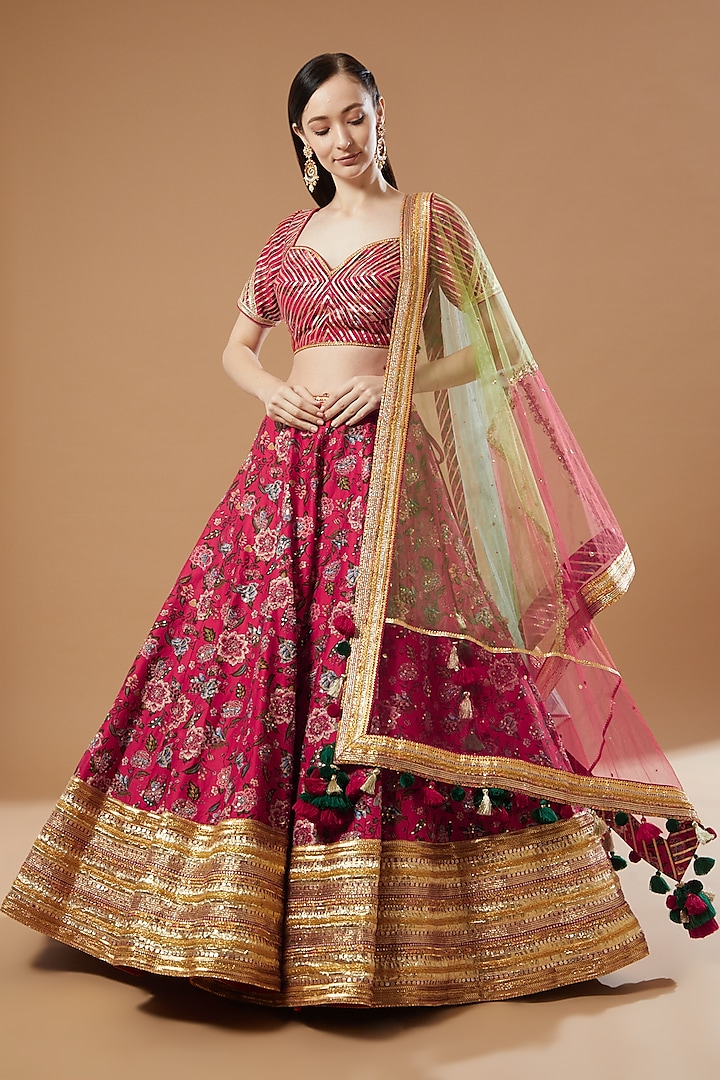 Red Embroidered & Printed Lehenga Set by Simar Dugal