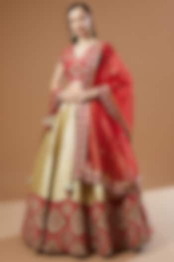 Red Chanderi Embroidered & Printed Bridal Lehenga Set by Simar Dugal at Pernia's Pop Up Shop