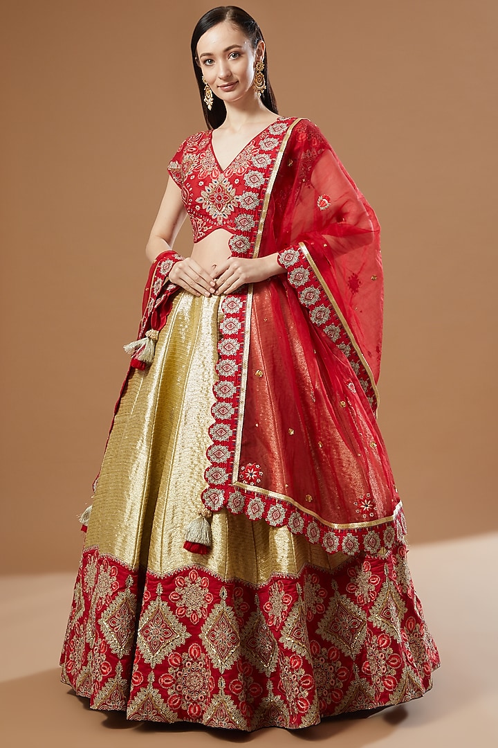 Red Chanderi Embroidered & Printed Bridal Lehenga Set by Simar Dugal at Pernia's Pop Up Shop