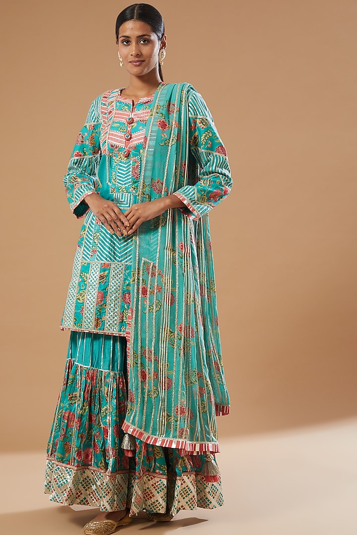 Blue Printed & Embellished Wedding Sharara Set by Simar Dugal at Pernia's Pop Up Shop