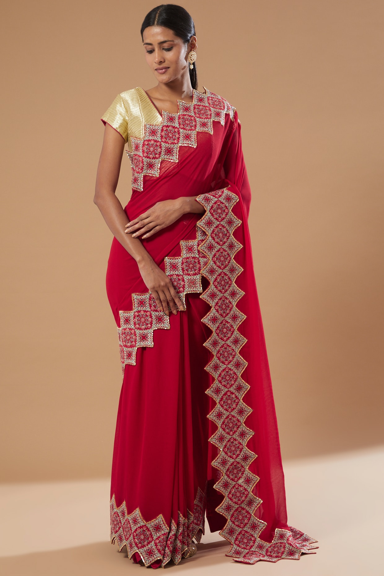 Shop Red Fancy Georgette Saree Online in USA with Zari Stripes – Pure  Elegance